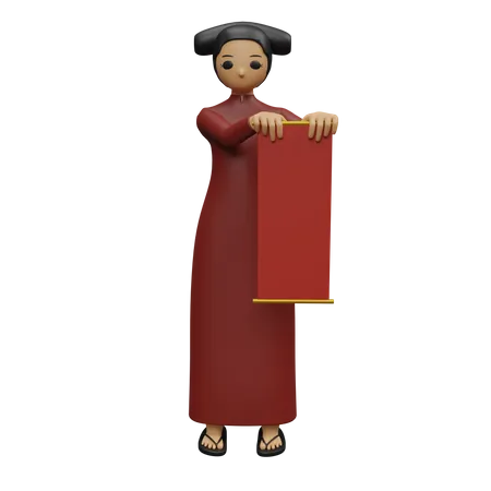 Jeune femme tenant la bannière du nouvel an  3D Illustration