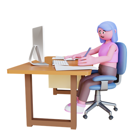 Jeune femme travaillant au bureau  3D Illustration