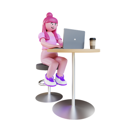 Jeune femme travaillant sur un ordinateur portable et assise sur une chaise  3D Illustration