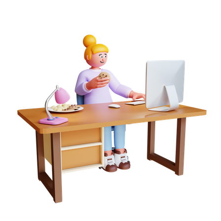 Une jeune femme travaille sur un ordinateur tout en mangeant des cookies  3D Illustration