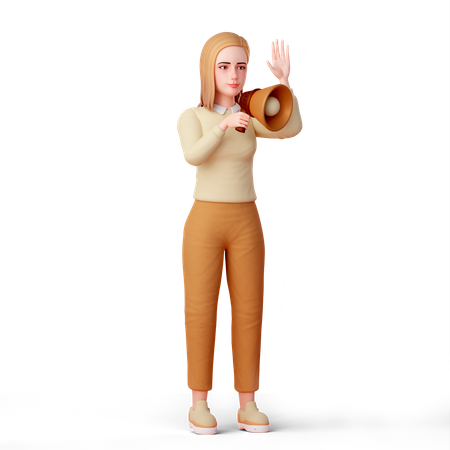 Jeune femme utilisant un haut-parleur pour commercialiser un produit commercial  3D Illustration