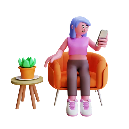 Jeune fille assise sur un canapé et utilisant un smartphone  3D Illustration