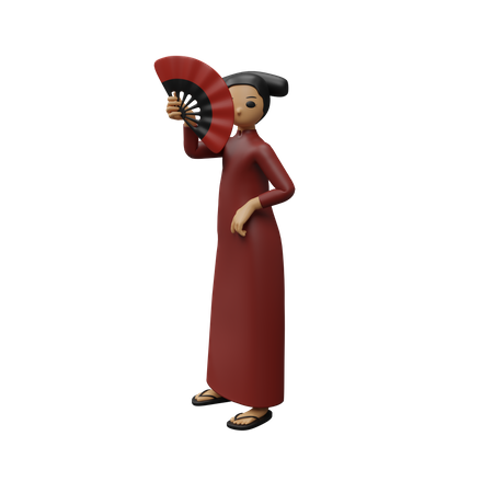 Jeune fille chinoise donnant une pose debout tout en tenant un éventail chinois  3D Illustration