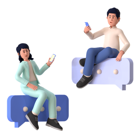 Jeune fille et homme discutant sur mobile  3D Illustration