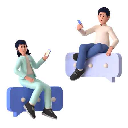 Jeune fille et homme discutant sur mobile  3D Illustration