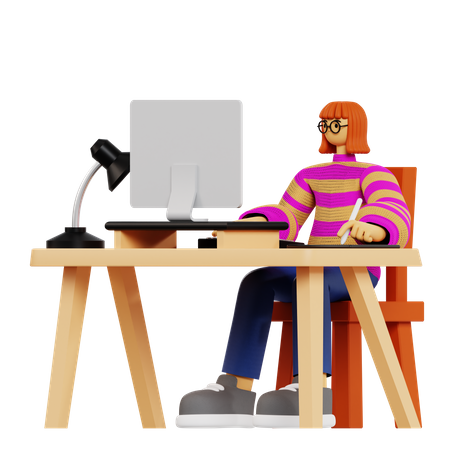 Jeune fille faisant un travail de designer au bureau  3D Illustration