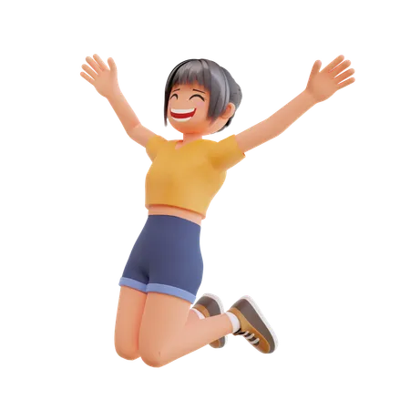 Jeune fille heureuse sautant  3D Illustration