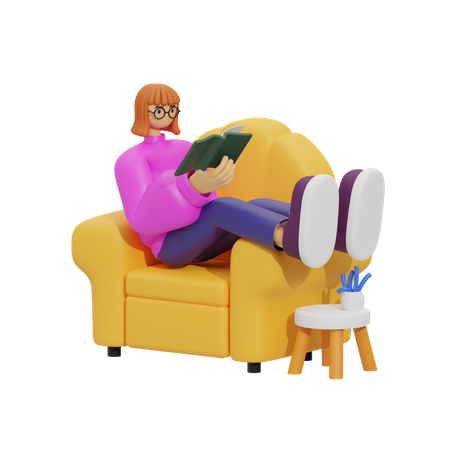 Jeune fille lisant un livre un moment assis sur un canapé  3D Illustration