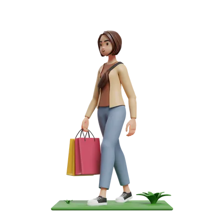 Jeune fille marchant et tenant le sac à provisions  3D Illustration