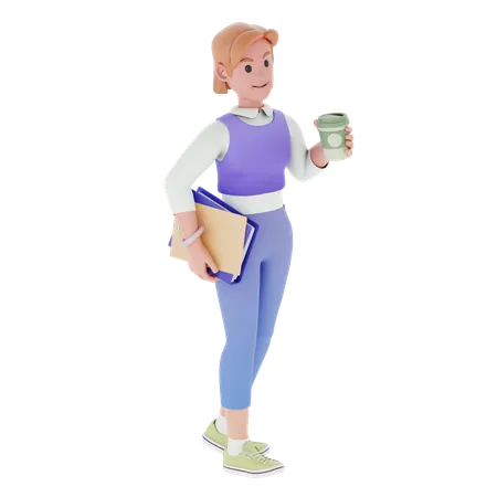 Jeune fille tenant un café et un rapport d'affaires  3D Illustration