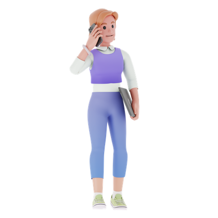 Jeune fille tenant un dossier d'entreprise et parlant sur mobile  3D Icon