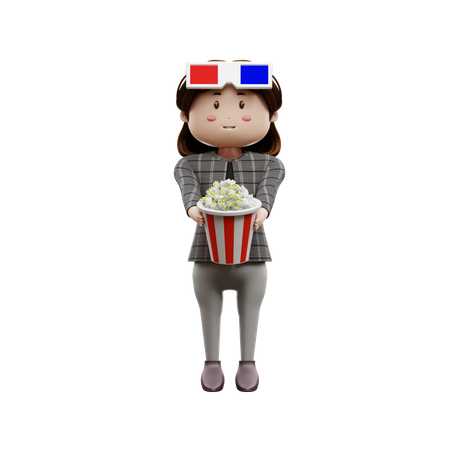 Jeune fille tenant une boîte de pop-corn  3D Illustration