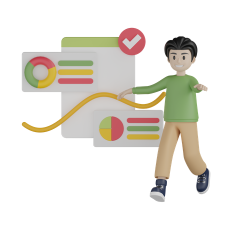 Jeune garçon courant et vérifie la présentation de l'entreprise  3D Illustration