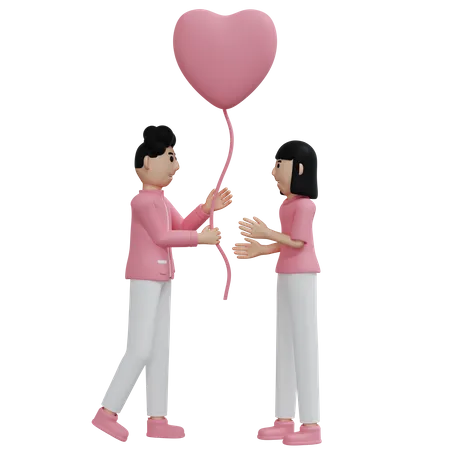 Jeune garçon donnant un ballon coeur à une fille  3D Illustration