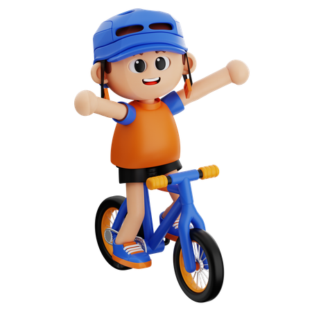 Un jeune garçon heureux en faisant du vélo avec les mains ouvertes  3D Illustration