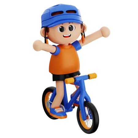 Un jeune garçon heureux en faisant du vélo avec les mains ouvertes  3D Illustration