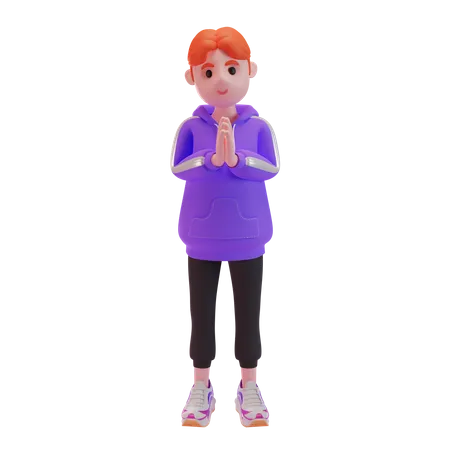 Un jeune garçon montre un geste de salutation  3D Illustration