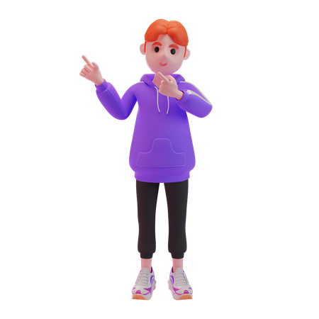 Jeune garçon pointant du doigt dans la direction  3D Illustration