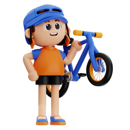 Un jeune garçon portant un casque en amenant son vélo  3D Illustration