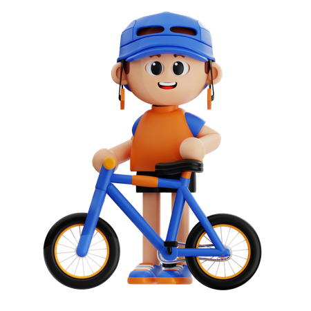 Jeune garçon prenant la pose avec un vélo  3D Illustration