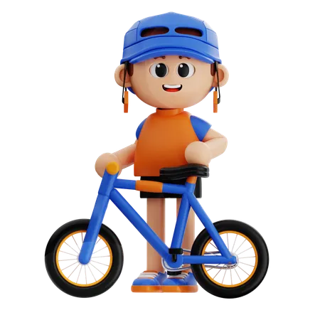 Jeune garçon prenant la pose avec un vélo  3D Illustration