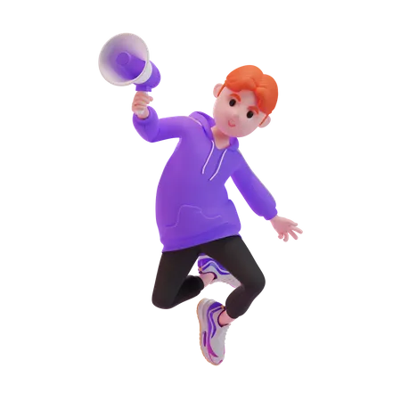 Jeune garçon sautant en l'air avec un mégaphone  3D Illustration