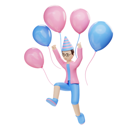 Un jeune garçon saute avec des ballons  3D Illustration