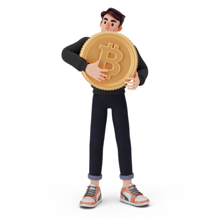 Jeune garçon tenant le bitcoin  3D Illustration