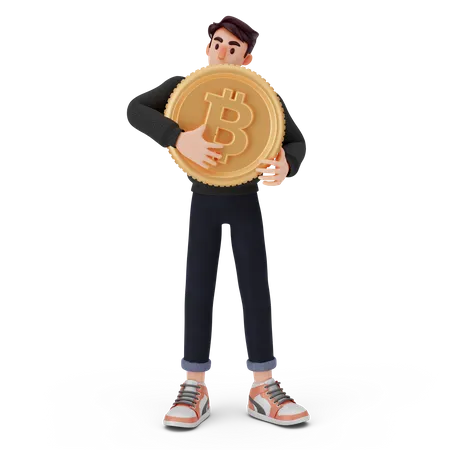 Jeune garçon tenant le bitcoin  3D Illustration