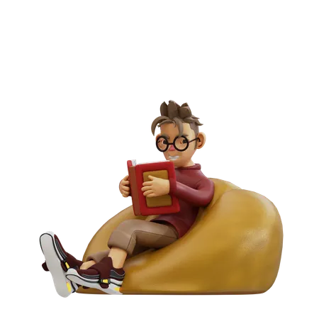 Jeune homme assis et lisant un livre  3D Illustration