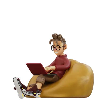 Jeune homme assis et utilisant un ordinateur portable  3D Illustration