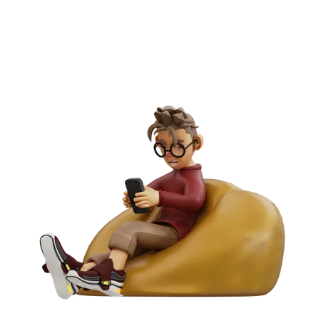 Jeune homme assis et utilisant un smartphone  3D Illustration