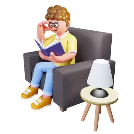 Jeune homme assis sur un canapé et lisant un livre  3D Illustration