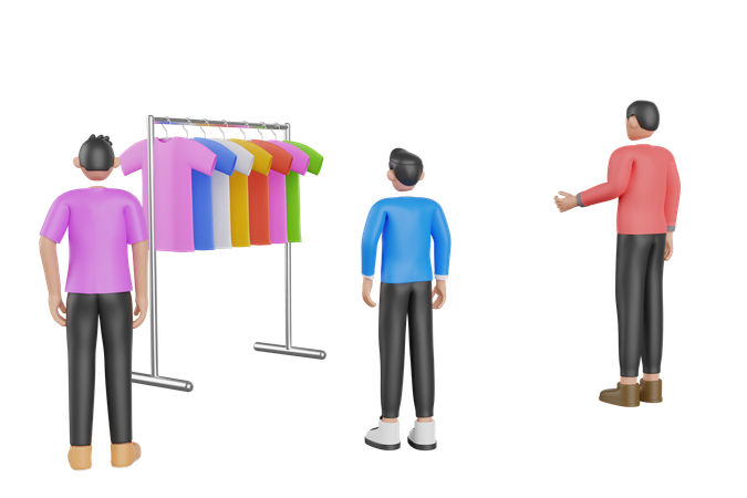 Un jeune homme choisit ses vêtements dans un magasin de vêtements  3D Illustration