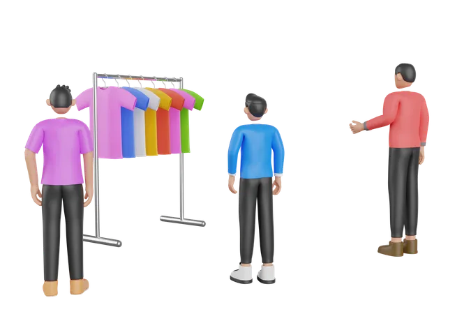 Un jeune homme choisit ses vêtements dans un magasin de vêtements  3D Illustration