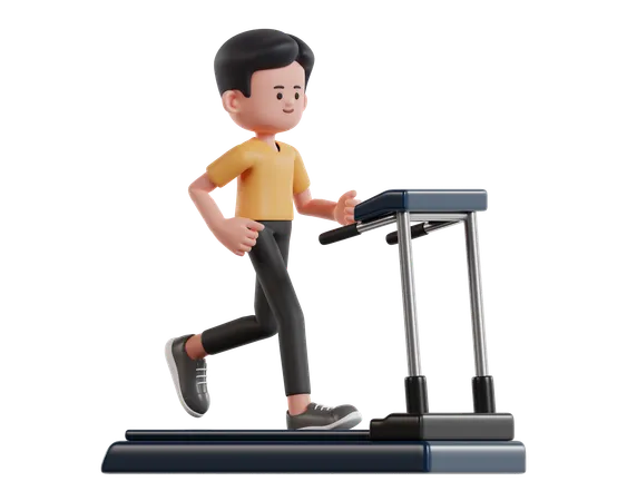 Un jeune homme court sur un tapis roulant pour un voyage de remise en forme  3D Illustration