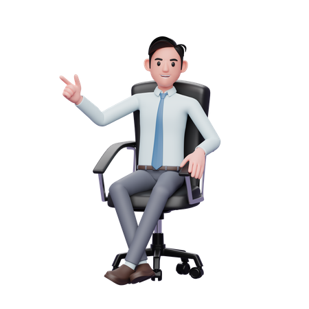 Jeune homme d'affaires prospère assis sur une chaise pointant vers le haut  3D Illustration