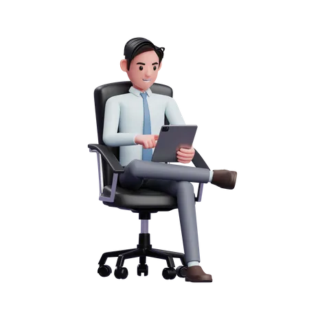 Jeune homme d'affaires assis avec les jambes croisées, jouant sur une tablette  3D Illustration