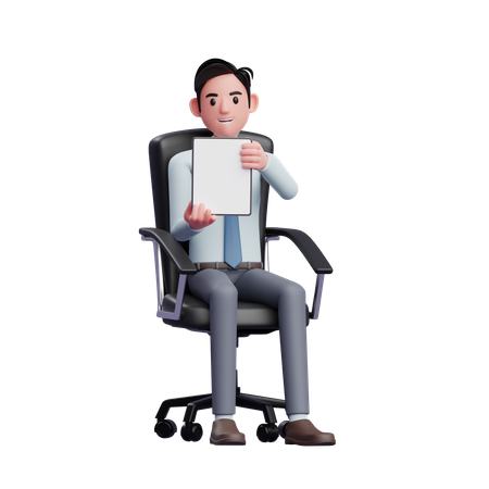 Jeune homme d'affaires assis dans une chaise de bureau et tenant une tablette avec les deux mains montrant l'écran  3D Icon