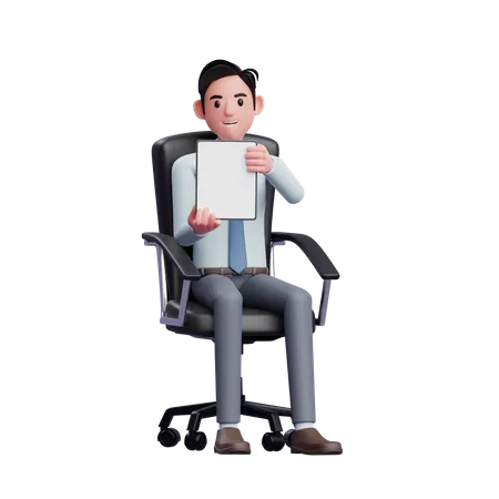 Jeune homme d'affaires assis dans une chaise de bureau et tenant une tablette avec les deux mains montrant l'écran  3D Illustration