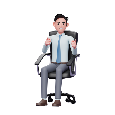 Jeune homme d'affaires assis dans une chaise de bureau, pointant vers la caméra  3D Illustration