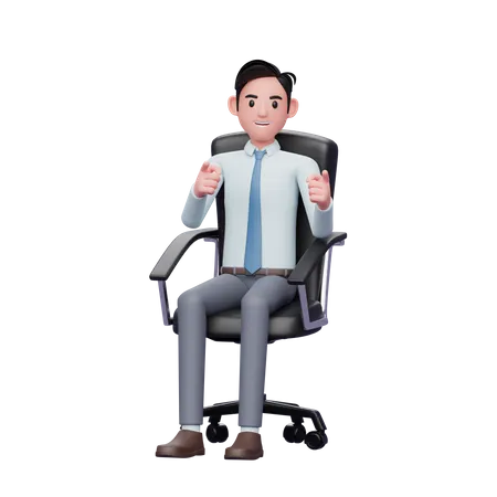 Jeune homme d'affaires assis dans une chaise de bureau, pointant vers la caméra  3D Illustration