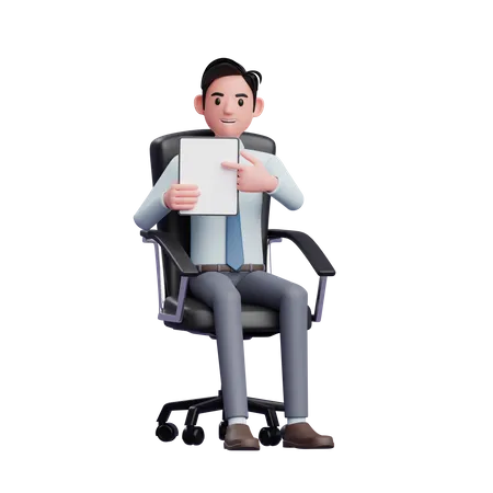 Jeune homme d'affaires assis dans une chaise de bureau pointant l'écran de la tablette avec le doigt  3D Illustration