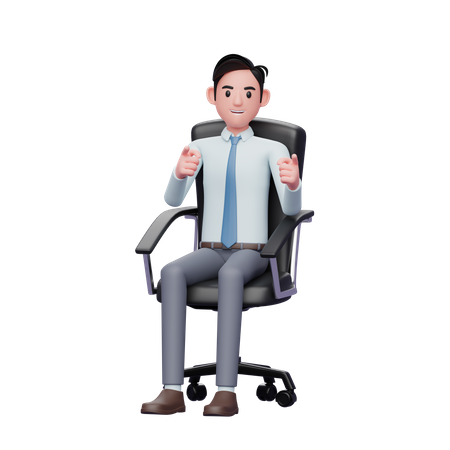 Jeune homme d'affaires assis dans une chaise de bureau, pointant vers la caméra  3D Icon