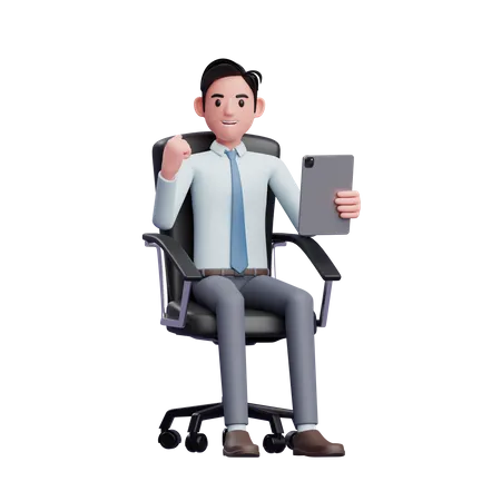 Jeune homme d'affaires assis dans une chaise de bureau tenant une tablette tout en célébrant  3D Illustration
