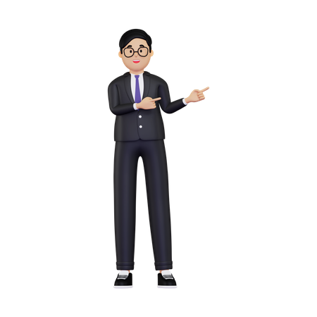 Jeune homme d'affaires pointant les doigts vers la droite  3D Illustration