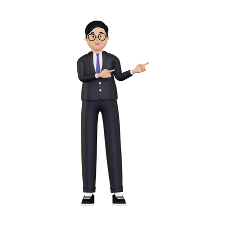 Jeune homme d'affaires pointant les doigts vers la droite  3D Illustration