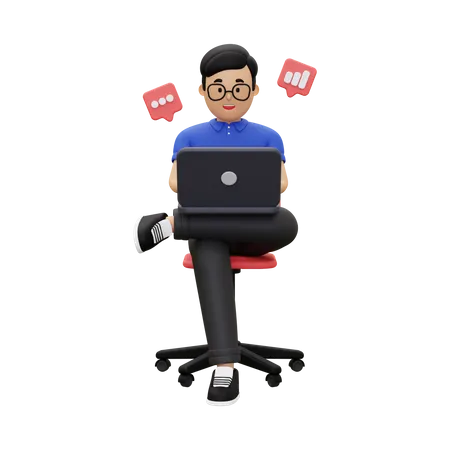 Jeune homme d'affaires travaillant sur un ordinateur portable  3D Illustration