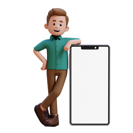 Jeune homme debout avec un gros smartphone avec un écran vide  3D Illustration