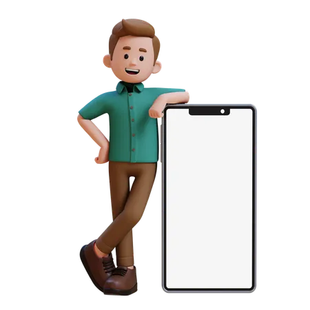 Jeune homme debout avec un gros smartphone avec un écran vide  3D Illustration